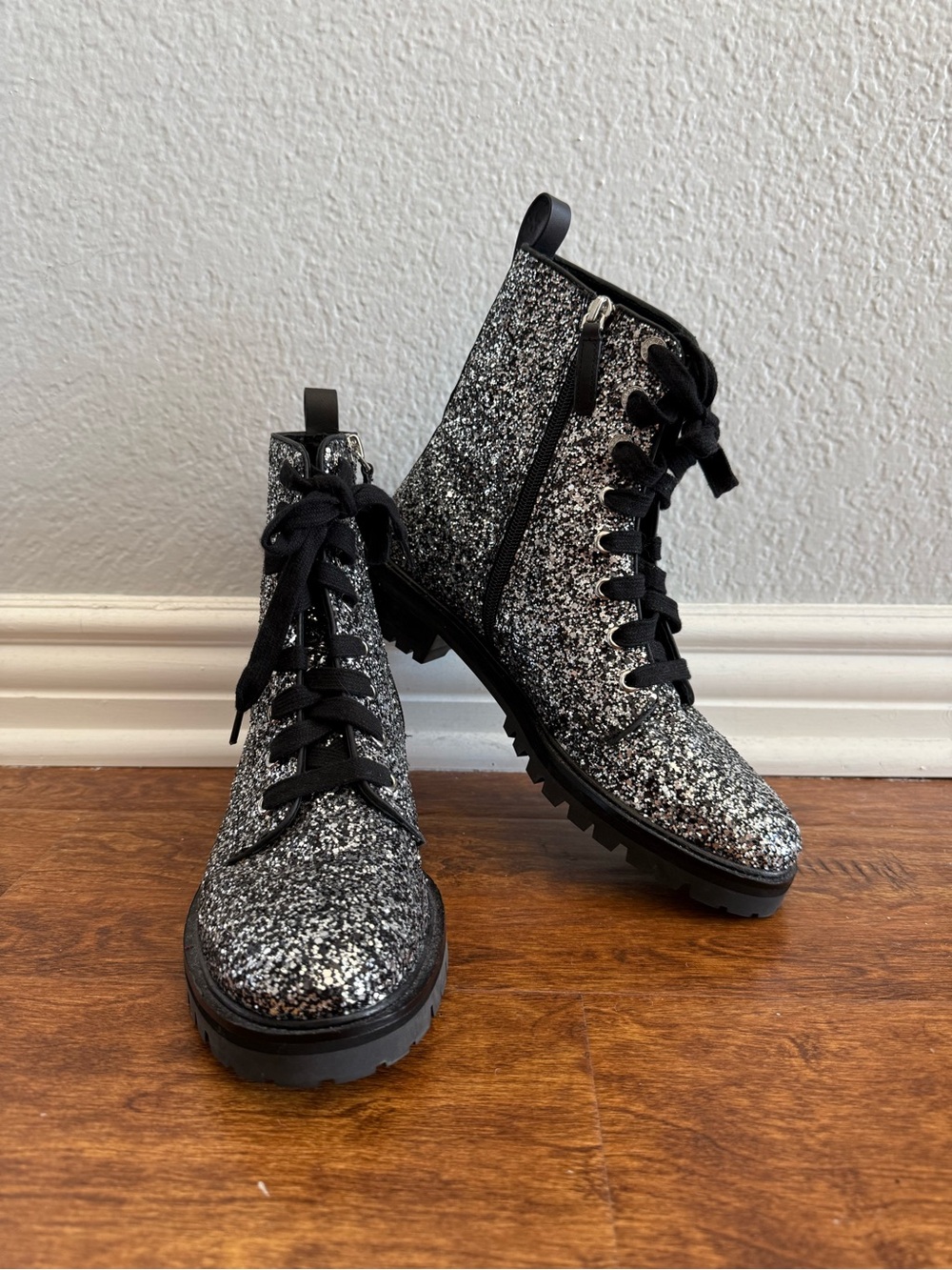 kate spade Silver Glitter Lace-Up Combat Boots